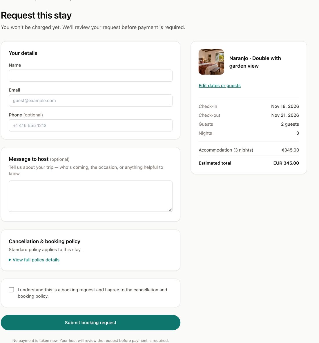 The booking request form with a price summary of 345 euros for three nights