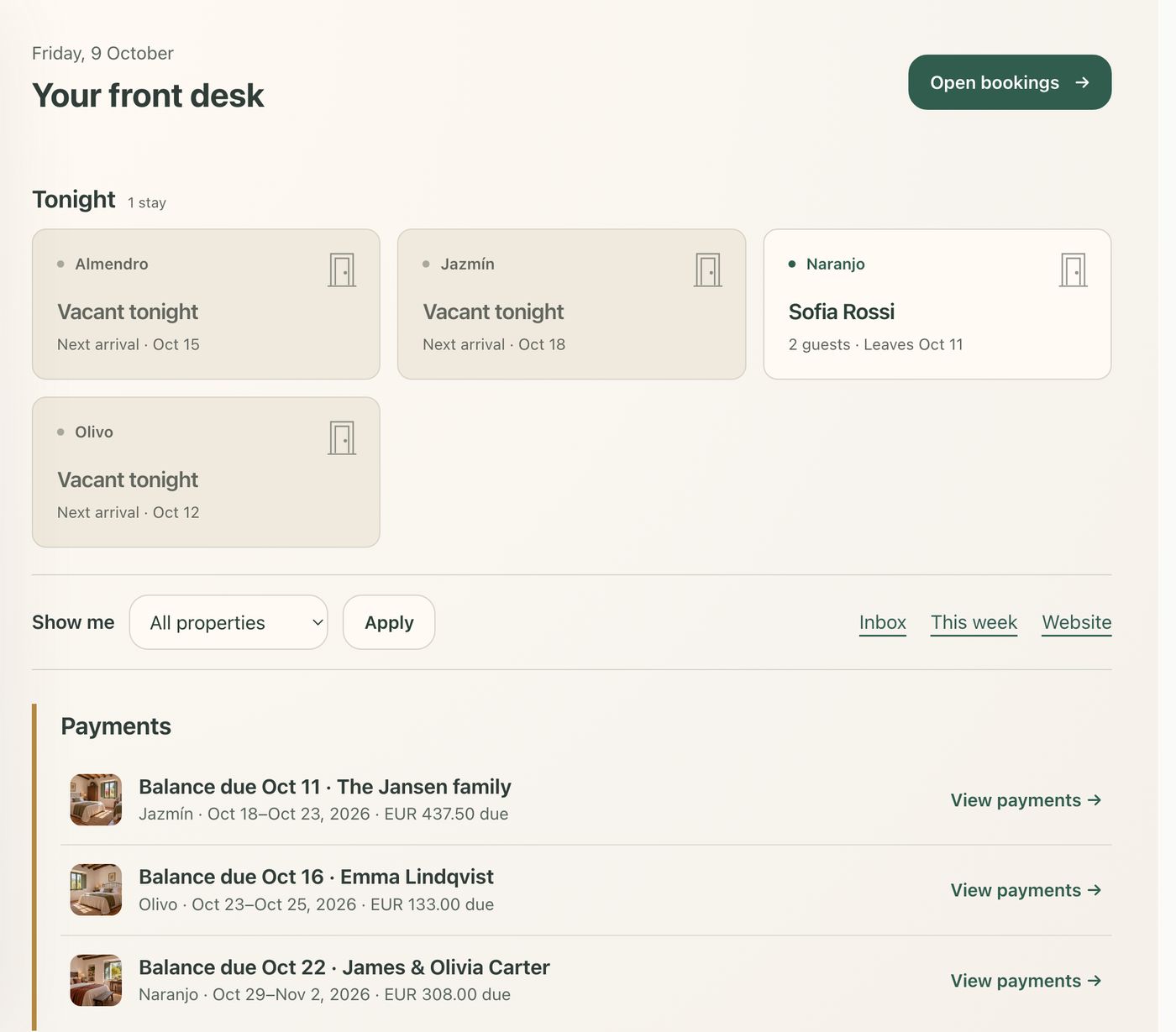 The front desk: tonight's four rooms and balances due in euros