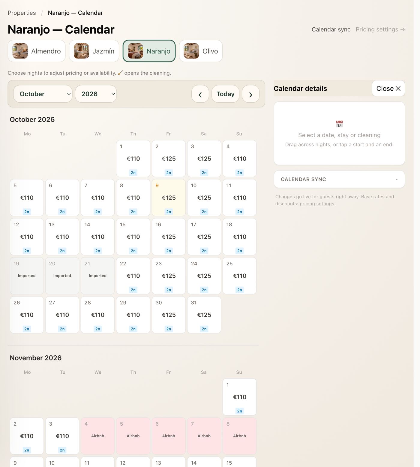 The Naranjo calendar with nightly prices and Airbnb nights marked
