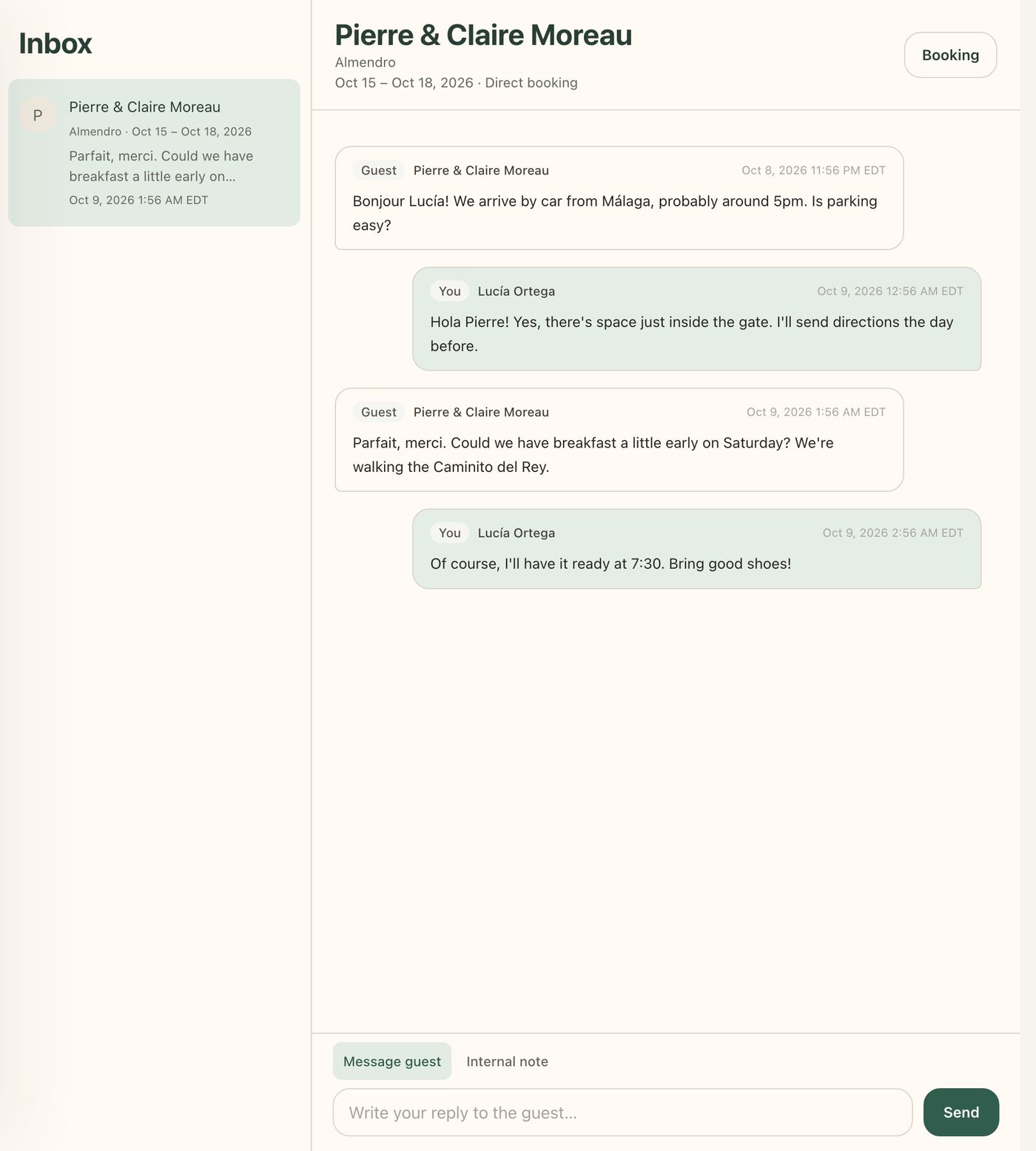 A guest conversation about parking and an early breakfast