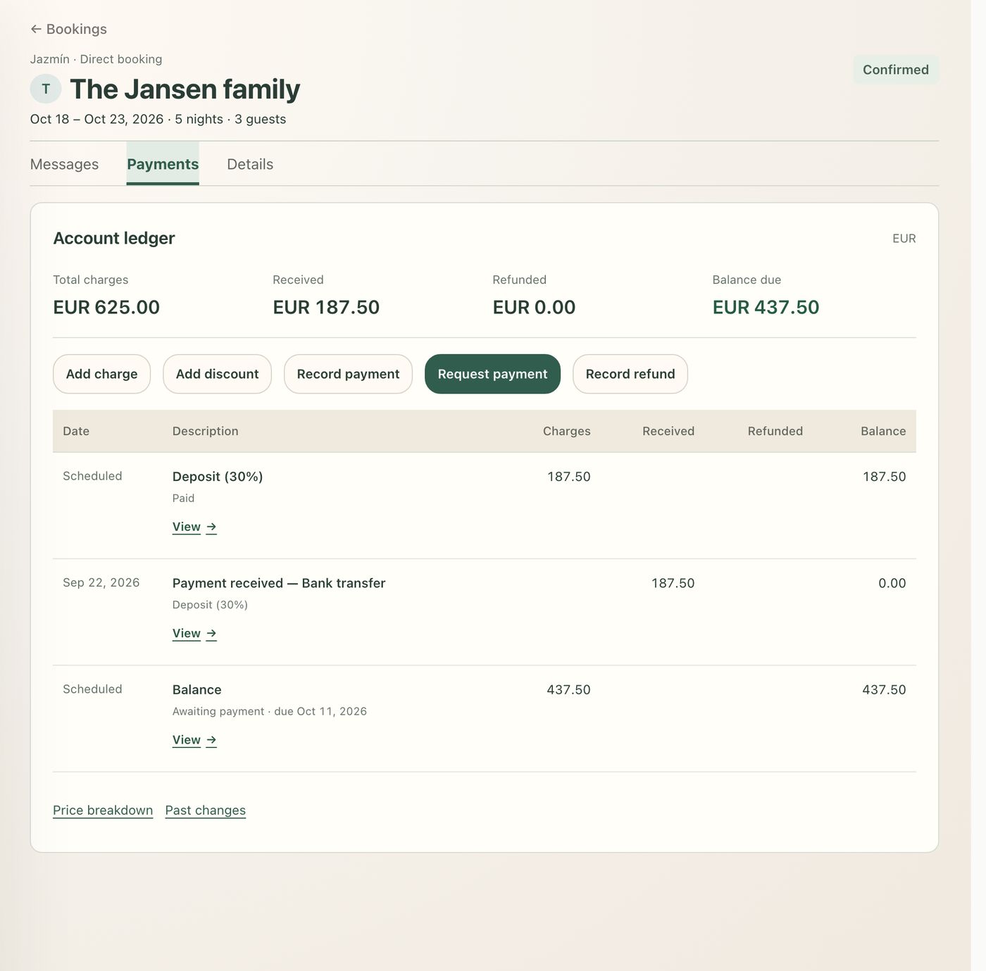A booking's payments: deposit received and balance due